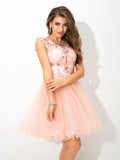 A-Line/Princess Sheer Neck Beading Sleeveless Short Elastic Woven Satin Cocktail Dresses TPP0008403