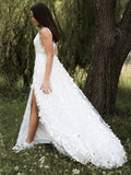 A-Line/Princess Sleeveless Organza V-neck Applique Sweep/Brush Train Wedding Dresses TPP0006149