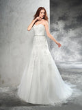 Sheath/Column Sweetheart Applique Sleeveless Long Satin Wedding Dresses TPP0006806