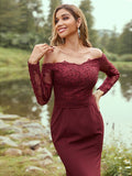 Sheath/Column Stretch Crepe Applique Off-the-Shoulder Long Sleeves Sweep/Brush Train Bridesmaid Dresses TPP0004985