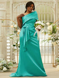 Sheath/Column Satin Ruched One-Shoulder Sleeveless Sweep/Brush Train Bridesmaid Dresses TPP0004923