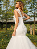 Trumpet/Mermaid Tulle Applique Sweetheart Sleeveless Sweep/Brush Train Wedding Dresses TPP0006506