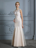 Trumpet/Mermaid Scoop Sleeveless Tulle Applique Floor-Length Wedding Dresses TPP0006351