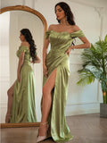 Sheath/Column Elastic Woven Satin Ruched Off-the-Shoulder Sleeveless Floor-Length Dresses TPP0001420