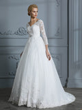 Ball Gown V-neck 3/4 Sleeves Court Train Lace Tulle Wedding Dresses TPP0006428