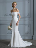 Trumpet/Mermaid Off-the-Shoulder Sleeveless Lace Chiffon Sweep/Brush Train Wedding Dresses TPP0006339