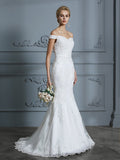 Trumpet/Mermaid Off-the-Shoulder Sleeveless Lace Sweep/Brush Train Tulle Wedding Dresses TPP0006423