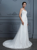 Trumpet/Mermaid V-neck Sleeveless Lace Court Train Tulle Wedding Dresses TPP0006742