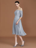 A-Line/Princess Off-the-Shoulder Short Sleeves Lace Tea-Length Chiffon Bridesmaid Dress TPP0005561