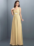 A-Line/Princess V-neck Beading Pleats Sleeveless Long Chiffon Bridesmaid Dresses TPP0005270