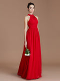 A-Line/Princess Halter Sleeveless Ruched Floor-Length Chiffon Bridesmaid Dresses TPP0005060