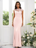 Trumpet/Mermaid Charmeuse Applique High Neck Sleeveless Floor-Length Bridesmaid Dresses TPP0004924