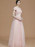 A-Line/Princess Bateau Short Sleeves Floor-Length Sash/Ribbon/Belt Tulle Bridesmaid Dresses TPP0005494