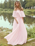 A-Line/Princess Jersey Ruffles Off-the-Shoulder Short Sleeves Sweep/Brush Train Bridesmaid Dresses TPP0004975