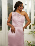 Sheath/Column Satin Lace One-Shoulder Sleeveless Sweep/Brush Train Bridesmaid Dresses TPP0004972