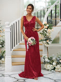 Sheath/Column Sequins Ruched V-neck Sleeveless Sweep/Brush Train Bridesmaid Dresses TPP0004958