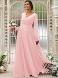 A-Line/Princess Chiffon Ruched V-neck Long Sleeves Floor-Length Bridesmaid Dresses TPP0004950