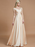 A-Line/Princess V-neck Sleeveless Ruched Floor-Length Silk like Satin Bridesmaid Dresses TPP0005430