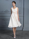 A-Line/Princess V-neck Sleeveless Knee-Length Lace Bowknot Wedding Dresses TPP0006531