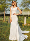 Sheath/Column Satin Ruched Scoop Sleeveless Sweep/Brush Train Wedding Dresses TPP0006592