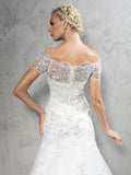 Sheath/Column Off-the-Shoulder Applique Short Sleeves Long Net Wedding Dresses TPP0006450