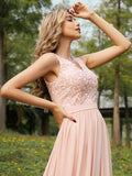 A-Line/Princess Chiffon Lace V-neck Sleeveless Floor-Length Bridesmaid Dresses TPP0004989