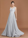 A-Line/Princess V-neck Sleeveless Floor-Length Chiffon Lace Bridesmaid Dress TPP0005698