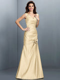 A-Line/Princess V-neck Pleats Sleeveless Long Satin Bridesmaid Dresses TPP0005497