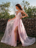 A-Line/Princess Tulle Applique V-neck Sleeveless Sweep/Brush Train Dresses TPP0001430