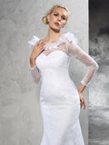 Sheath/Column Sheer Neck Hand-Made Flower Long Sleeves Long Satin Wedding Dresses TPP0006923