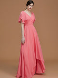 A-Line/Princess V-neck Short Sleeves Floor-Length Ruched Chiffon Bridesmaid Dresses TPP0005041