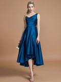 A-Line/Princess V-neck Satin Asymmetrical Sleeveless Bridesmaid Dresses TPP0005395