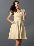 A-Line/Princess V-neck Hand-Made Flower Short Sleeves Short Chiffon Bridesmaid Dresses TPP0005481