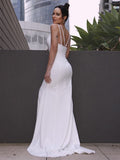 Sheath/Column Stretch Crepe Ruched V-neck Sleeveless Sweep/Brush Train Wedding Dresses TPP0006443