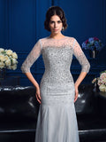 Sheath/Column Scoop Beading 3/4 Sleeves Long Net Mother of the Bride Dresses TPP0007137