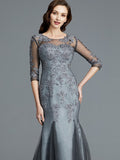 Sheath/Column Scoop Applique 1/2 Sleeves Tulle Floor-Length Mother of the Bride Dresses TPP0007147