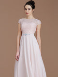 A-Line/Princess Bateau Sleeveless Lace Floor-Length Chiffon Bridesmaid Dresses TPP0005198