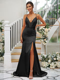 Sheath/Column Silk like Satin Ruched V-neck Sleeveless Sweep/Brush Train Bridesmaid Dresses TPP0004907