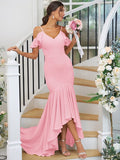 Trumpet/Mermaid Jersey Ruffles V-neck Sleeveless Asymmetrical Bridesmaid Dresses TPP0004937