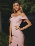 Sheath/Column Stretch Crepe Ruffles Off-the-Shoulder Sleeveless Sweep/Brush Train Bridesmaid Dresses TPP0004955