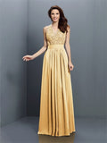 A-Line/Princess V-neck Applique Sleeveless Long Chiffon Bridesmaid Dresses TPP0005255