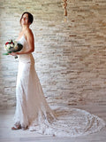 Sheath/Column Lace Applique Spaghetti Straps Sleeveless Court Train Wedding Dresses TPP0005976