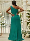 Sheath/Column Jersey Ruffles One-Shoulder Sleeveless Sweep/Brush Train Bridesmaid Dresses TPP0004992