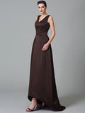 A-Line/Princess Straps Ruched Sleeveless High Low Satin Bridesmaid Dresses TPP0005525