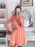 A-Line/Princess Bateau Long Sleeves Short/Mini Applique Chiffon Homecoming Dresses TPP0004687