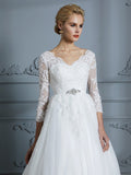 Ball Gown V-neck 3/4 Sleeves Court Train Lace Tulle Wedding Dresses TPP0006428