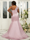 Sheath/Column Satin Lace One-Shoulder Sleeveless Sweep/Brush Train Bridesmaid Dresses TPP0004972