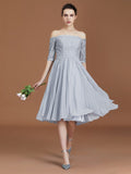 A-Line/Princess Off-the-Shoulder Short Sleeves Lace Tea-Length Chiffon Bridesmaid Dress TPP0005561