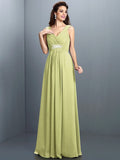 A-Line/Princess V-neck Beading Pleats Sleeveless Long Chiffon Bridesmaid Dresses TPP0005270