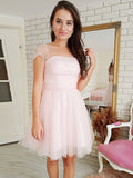 A-Line/Princess Tulle Beading Strapless Short Sleeves Short/Mini Dresses TPP0004845